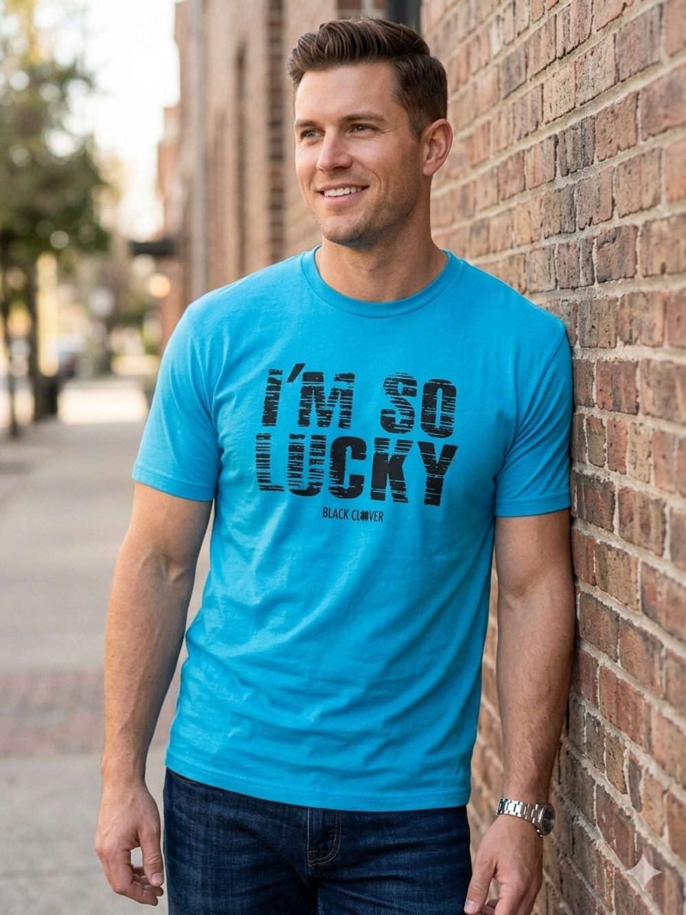 NWOT Black Clover Men XL Turquoise Blue I'm So Lucky Graphic Tee